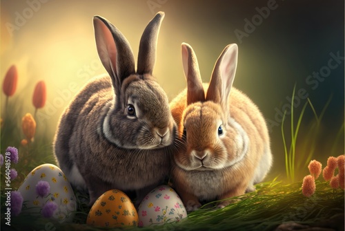 Generative AI two fluffy bunny with colored easter eggs, nature background