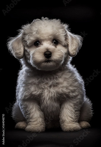 Cute Puppy Bichon Small Dog on Black Background Looking at the Camera in a Sitting Position