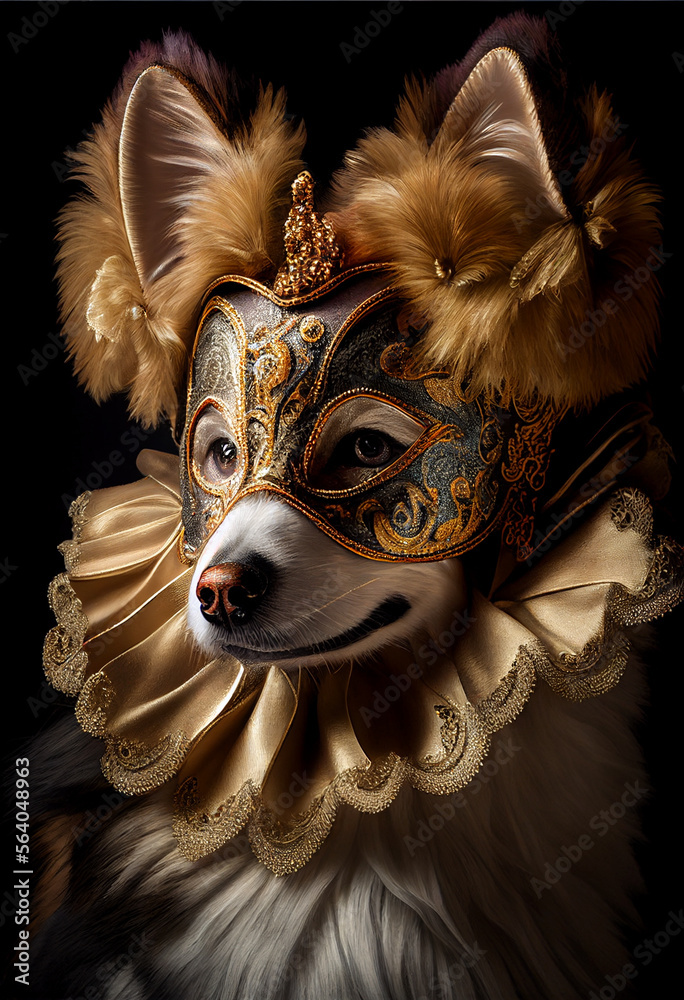 Dog in a Venetian carnival mask. AI generated