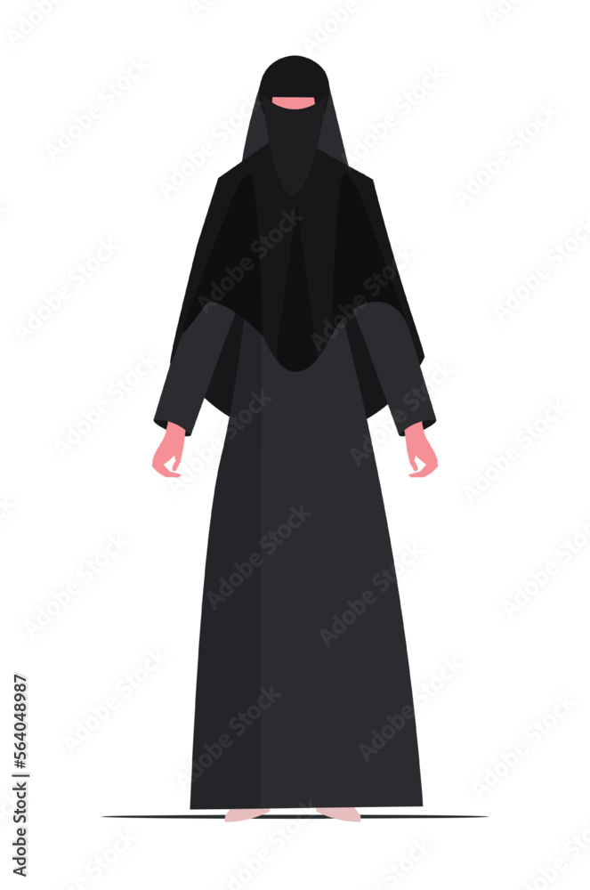 Arab woman in black traditional Muslim clothes and hijab. Flat vector ...