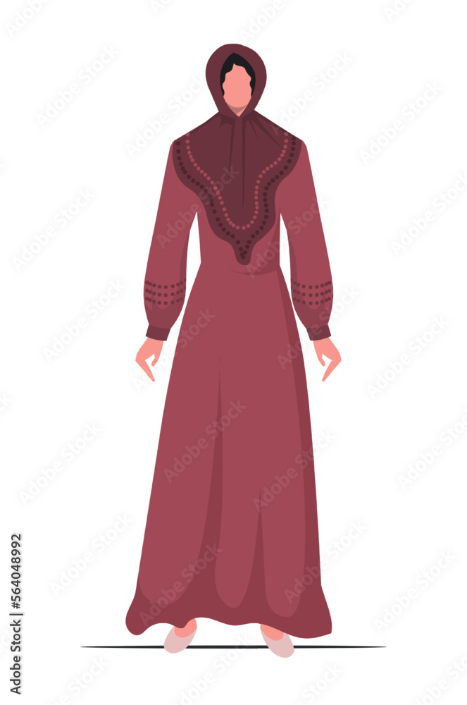 Woman in traditional Muslim clothing and wearing a hijab. Strict formal outfit and elegant appearance. Arabian woman isolated on white background.