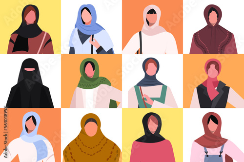 Set of portraits Muslim women in collage mosaic collection. Characters collection. Flat  vector illustration  isolated over bright multicolored background.