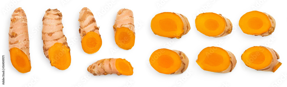 turmeric root and slices isolated on white background. Top view. Flat lay turmeric root and slices isolated on white background. Top view. Flat lay