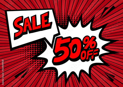 50 Percent OFF Discount on a Comics style bang shape background. Pop art comic discount promotion banners.	
