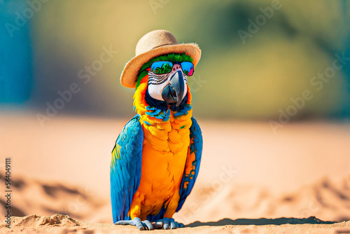 image of colorful macaw on the beach sand glasses and straw hat