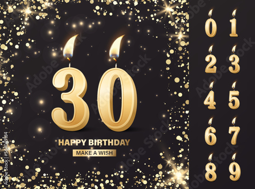 Vector Birthday Anniversary Greeting Card, Banner with 3d Realistic Burning Golden Birthday Party Candles, Numbers, Flame. Candle Icon Set. Design Template, Clipart. Birthday Concept. Front View
