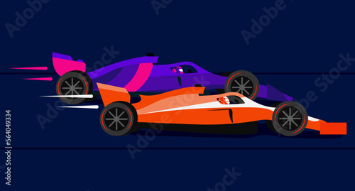 Competition between two Formula 1 drivers on a track at night. Racing cars side view. Competition, championship, grand prix. Bright image. Vector illustration