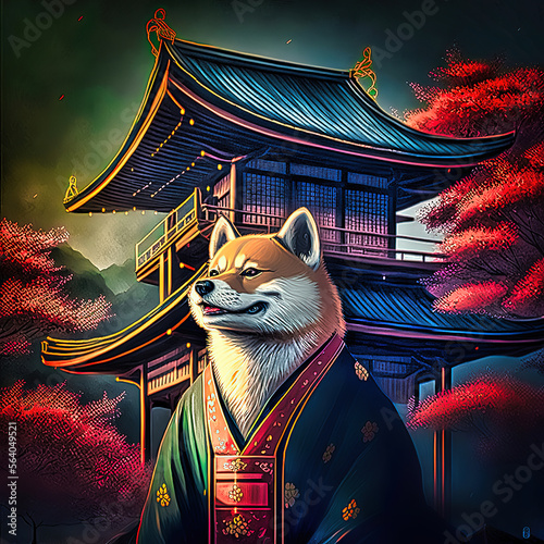 Obraz na plátně Magnifique shiba inu en costume traditionel japonais devant un temple et un déco