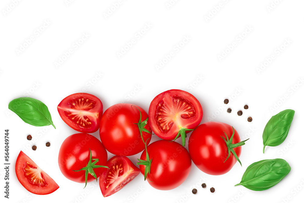 Tomato with slices isolated on white background. Top view. Flat lay
