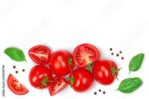 Tomato with slices isolated on white background. Top view. Flat lay