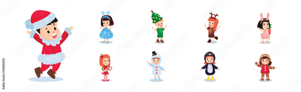 Cute Kids Character Wearing Christmas Costume Vector Set Cute Kids Character Wearing Christmas Costume Vector Set
