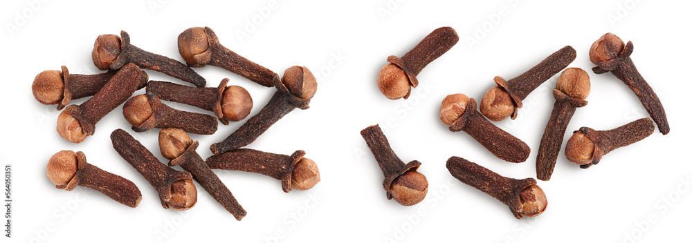 Dry spice cloves isolated on white background. Top view. Flat lay Dry spice cloves isolated on white background. Top view. Flat lay