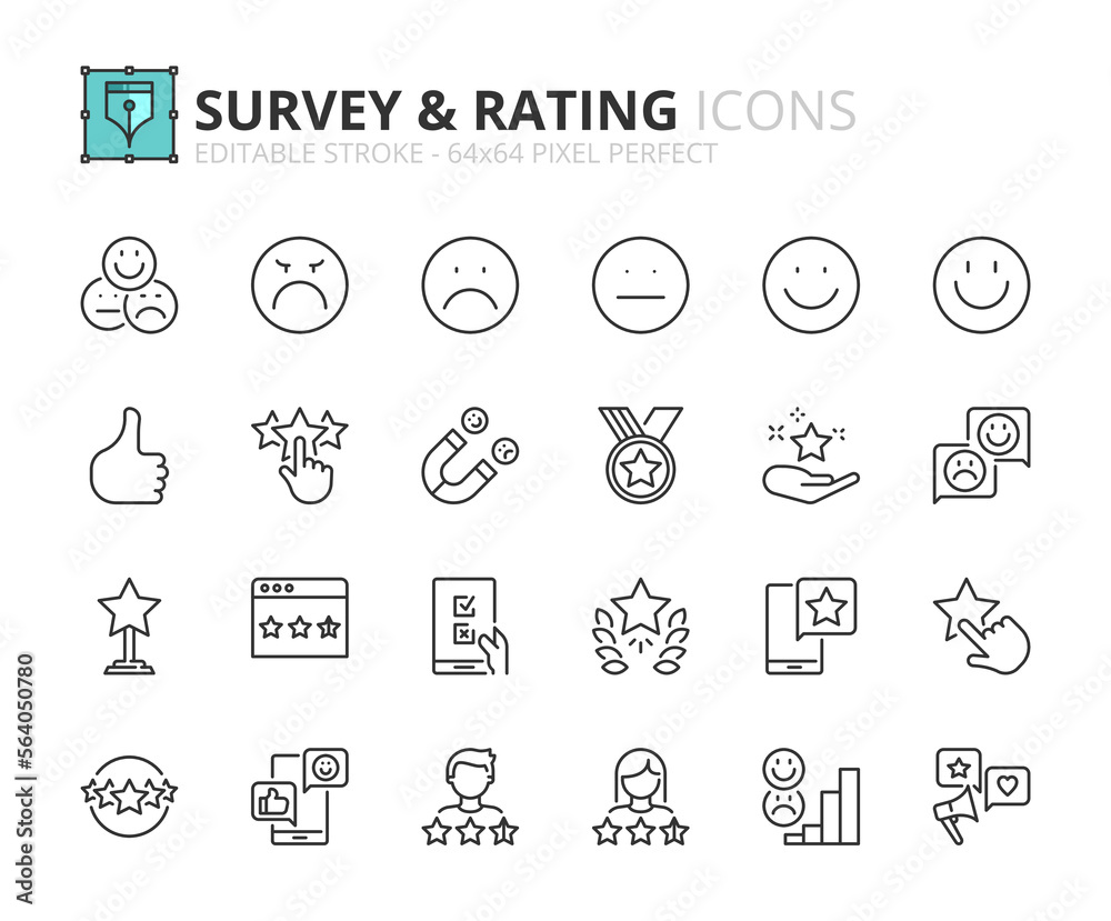 Simple set of outline icons about survey and rating