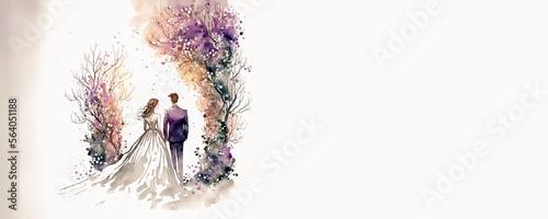 Obraz na płótnie Wedding Couple with copy space - Watercolour (Generative Art - AI)