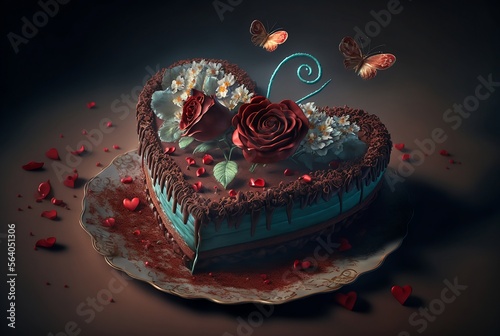 Delicious cake with rose and hearts, Valenties day photo