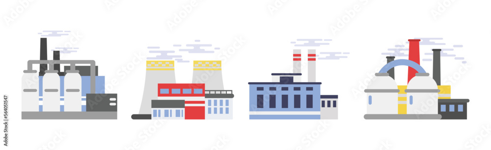 Industrial Plant and Manufacturing with Towers Emitting Smoke Vector Set