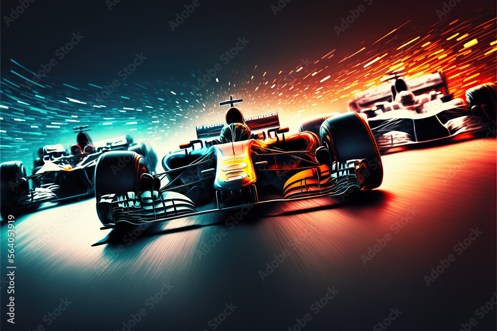a Formula 1 race, with several cars competing at high speed on a modern track. - obrazy, fototapety, plakaty 