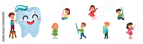 Dental Care with Kids Cleaning Teeth with Brush and Paste Vector Set