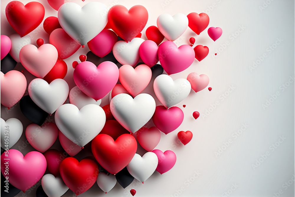 Valentine's day background with red and pink hearts like balloons on white background generated ai