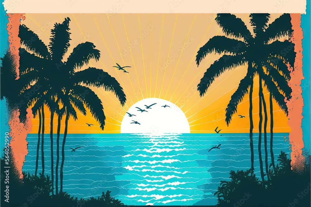 a sunset with palm trees and birds flying over the ocean and a beach ...