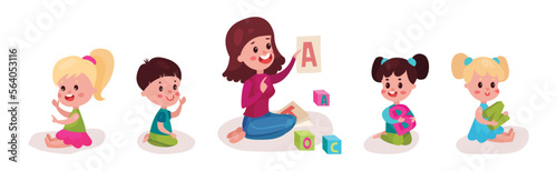 Smiling Female Teacher Sitting on the Floor Showing Letter Card to Little Kids Vector Set