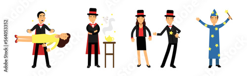 Man Magician in Black Suit and Hat Showing Magic Tricks on Stage Vector Set