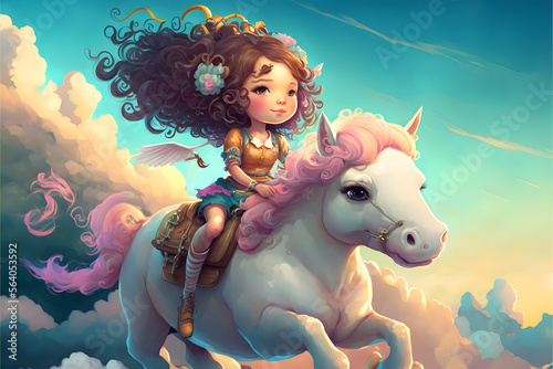 cute girl on a unicorn in a fantasy world