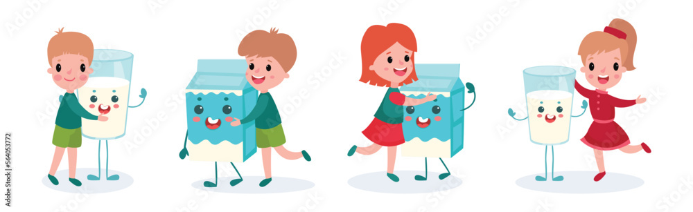 Cute Boy and Girl Characters Playing with Humanized Milk Carton and Glass Vector Set Cute Boy and Girl Characters Playing with Humanized Milk Carton and Glass Vector Set