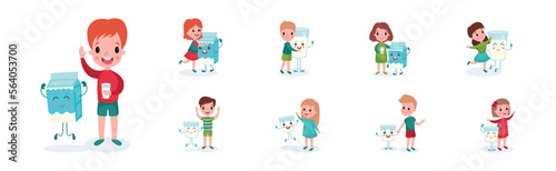 Cute Boy and Girl Characters Playing with Humanized Milk Carton and Glass Vector Set