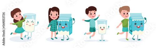 Cute Boy and Girl Characters Playing with Humanized Milk Carton and Glass Vector Set