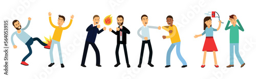 Warring Male and Female Fighting and Yelling at Each Other Vector Illustration Set