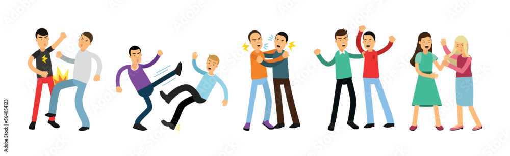 Warring Male and Female Fighting and Yelling at Each Other Vector Illustration Set