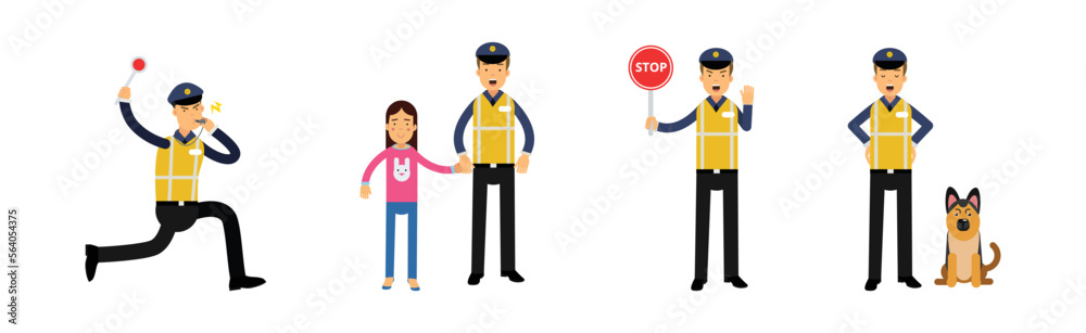 Road Policeman Wearing Vest and Cap in Different Pose Vector Set Road Policeman Wearing Vest and Cap in Different Pose Vector Set