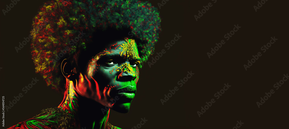 Black History Month color background with man portrait. African Americans history celebration. Abstract illustration in red, yellow, green colors. AI generative - obrazy, fototapety, plakaty 
