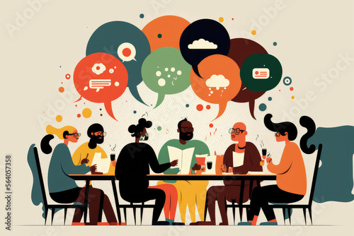 Obraz na plátně An illustration of a group of diverse people sitting around a table in a meeting