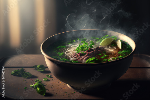 A bowl of steaming hot pho soup with beef and noodles, garnished with fresh herbs, generative ai photo