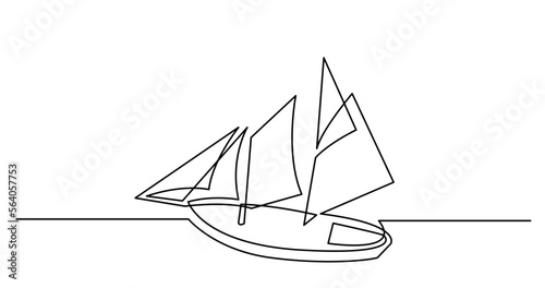 continuous line drawing vector illustration with FULLY EDITABLE STROKE of beautiful tall ship sailing on sea