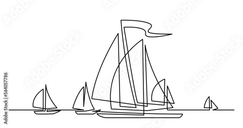 continuous line drawing vector illustration with FULLY EDITABLE STROKE of regatta with beautiful yachts sailing on ocean