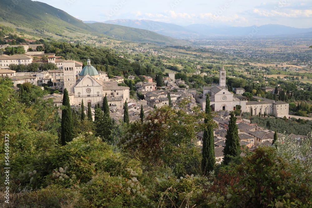 View to Cathedral San Rufino and Basilica Santa Chiara in Assisi, Umbria Italy