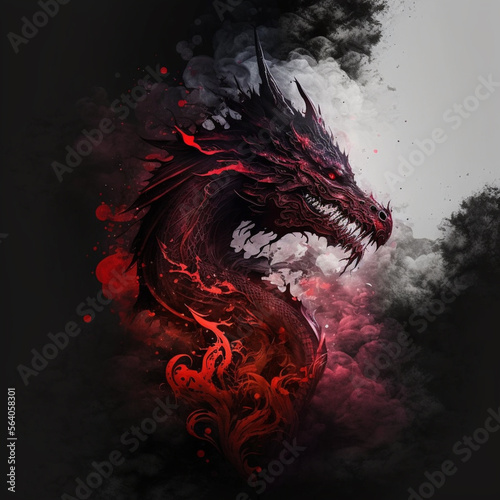 avatar fire-breathing dragon in tongues of red flame with red eyes on a black and white background