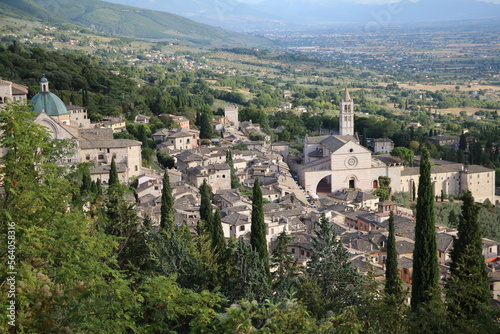 View to Cathedral San Rufino and Basilica Santa Chiara in Assisi, Umbria Italy