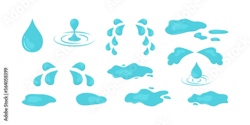 Tear cry eye, water drop, puddle and sweat. Cartoon expression icon set. Blue splash and droplet isolated on white background. Abstract illustration
