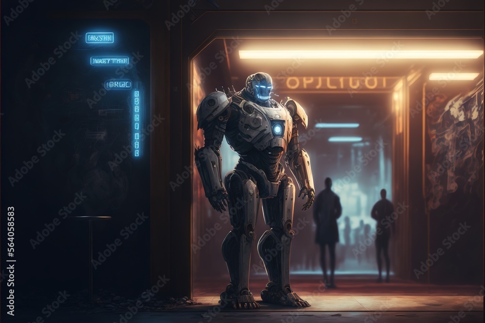 Fototapeta premium a robot cyborg security at a club, replacing a human, cyborg artificial intelligence robot concept