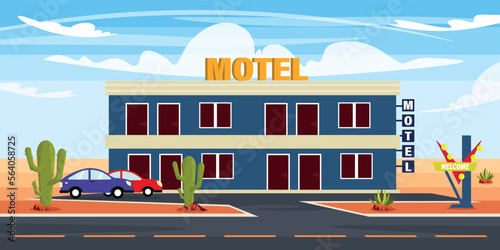 Vector illustration of a modern motel. Cartoon landscape in the desert with an american style hotel near the road with welcome sign, cacti and car park.