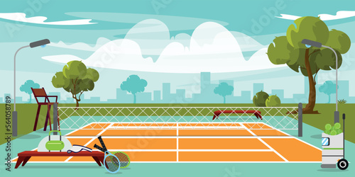 Vector illustration of a modern tennis court. Cartoon urban buildings with benches, net, tennis balls, rackets, playground, trees, lanterns and the city in the background.