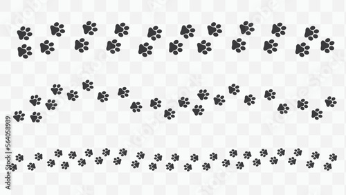 Paw vector foot trail print. Dog,puppy, cat, bear, wolf trail path pattern, animal tracks on transparent background. Vector illustration © Angela Ksen