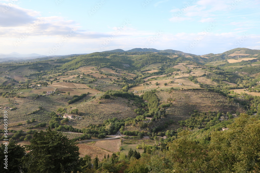 View from Rocca Maggiore to landscape around Basilica San Francesco in Assisi, Umbria Italy