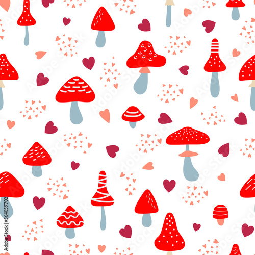 Funny Fly Agaric Mushrooms and Hearts Seamless Pattern. Valentine's Day Background. Vector