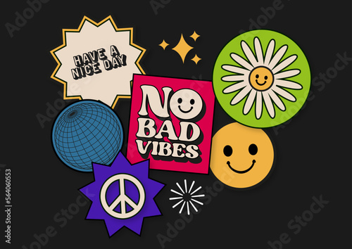 Collection of stickers, labels, patches, tags, stamps - Retro Peace Smiley Face (ID: 564060553)