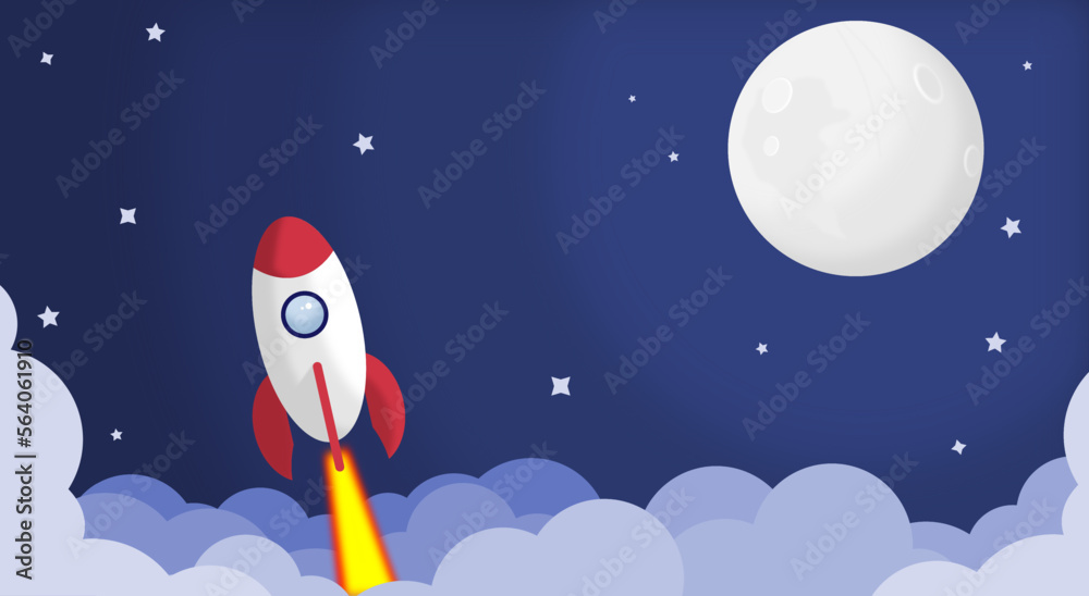 Naklejka premium rocket hurtling towards space, stock vector with moon sky background